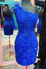 Glitter Royal Blue One Shoulder Lace Short Homecoming Dresses with Feather