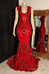 Glittery Long Red Mermaid Sleeveless Prom Dresses Sequin