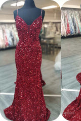 Glittery Mermaid Red Sequin V-Neck Lace-Up Back Prom Dress Gala Gown