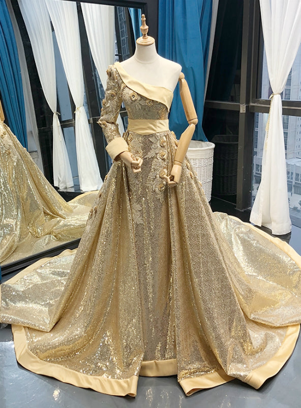 Gold Ball Gown Sequins One Shoulder Long Sleeve Appliques Prom Dress