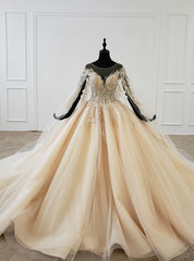 Gold Ball Gown Tulle Sequins Backless Appliques Beading Wedding Dress