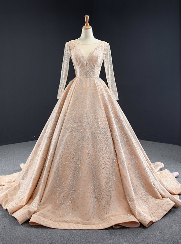 Gold Ball Gown Tulle Sequins Long Sleeve Backless Prom Dress