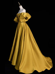 Gold Satin A-line Lace-up Long Party Dress with Sleeves, Gold Satin Prom Dress