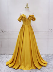 Party Dressed Short, Gold Satin A-line Sweetheart Long Junior Prom Dress, Floor Length Satin Evening Dress