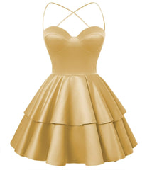 Gold Satin Homecoming Dress Sweetheart Neck Tiered Short Graduation Dresses