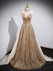 Gold Sequins Halter Backless Beading Prom Dress