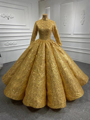 Gold Sequins High Neck Long Sleeve Prom Dress