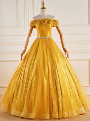 Gold Sequins Off the Shoulder Crystal Quinceanera Dress