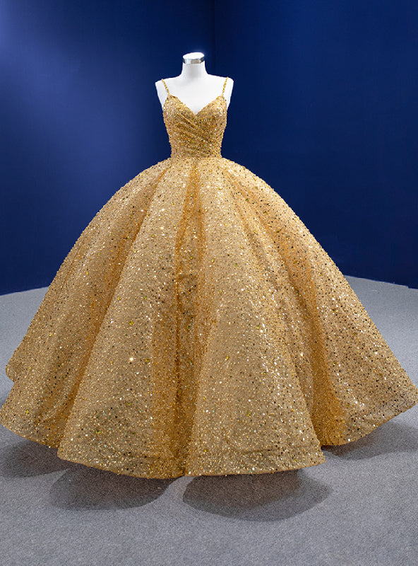 Gold Sequins Straps Pearls Prom Dress