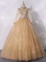 Gold Tulle High Neck Long Sleeve Backless Quinceanera Dress