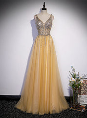 Gold Tulle Sequins Beading V-neck Backless Prom Dress