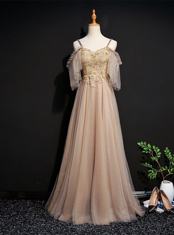 Gold Tulle Spaghetti Straps Appliques Beading Prom Dress