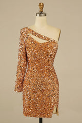 Golden Cut Out Open Back One Shoulder Sequins Homecoming Dress