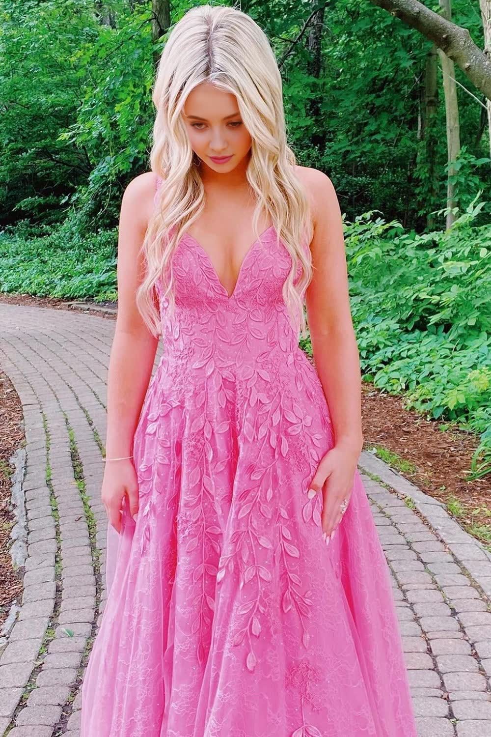 Gorgeous A Line Spaghetti Straps Pink Long Prom Dress with Appliques