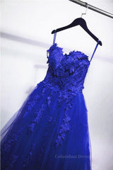 Unique Wedding Ideas, Gorgeous Blue Lace Floral Long Prom Dress, Blue Appliques Formal Evening Dress, Blue Ball Gown