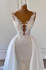 Wedding Dress Ball Gown, Gorgeous Long Mermaid V-neck Lace Wedding Dresses with Satin Detachable Train