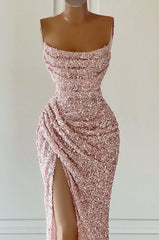 Blue Gown, Gorgeous Pink Sequined Sleeveless Prom Dress With Slit