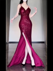 Gorgeous Sheath Spaghetti Straps Burgundy Sequin Long Evening Dress Prom Dresses Birthday Outfits