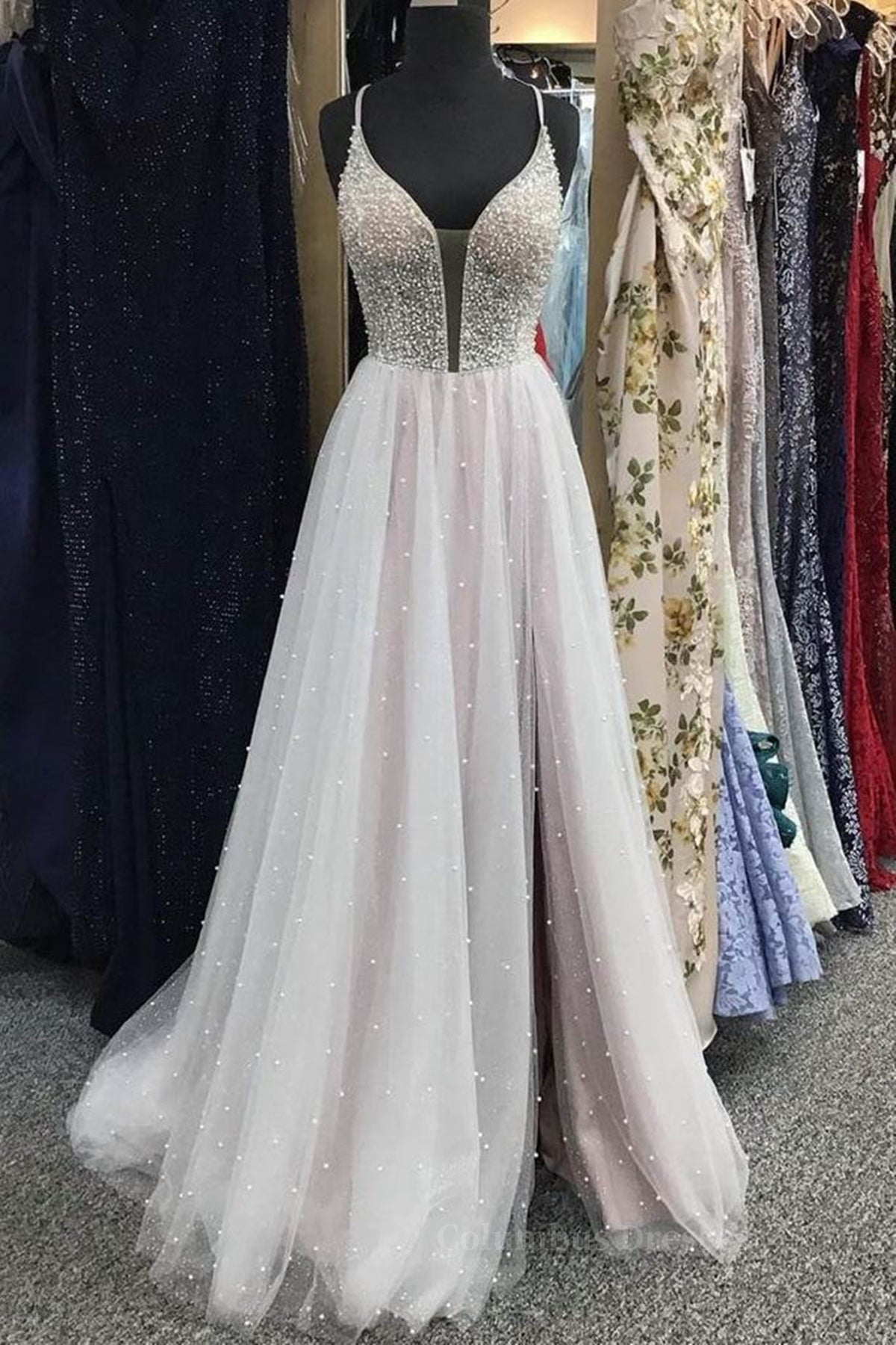 Homecoming Dress Vintage, Gorgeous V Neck Backless Beaded Gray Tulle Long Prom Dresses, Backless Grey Formal Graduation Evening Dresses