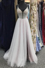 Homecoming Dress Vintage, Gorgeous V Neck Backless Beaded Gray Tulle Long Prom Dresses, Backless Grey Formal Graduation Evening Dresses