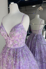 Bridesmaids Dress Ideas, Gorgeous V Neck Thin Straps Purple Long Prom Dress, V Neck Purple Formal Evening Dress, Purple Ball Gown