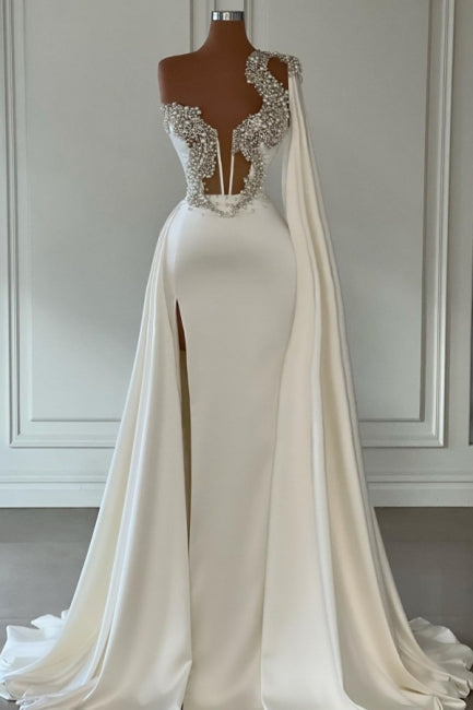 Gorgeous White A-line One Shoulder Graduation Dresses Long Glitter Prom Dresses With Split Online