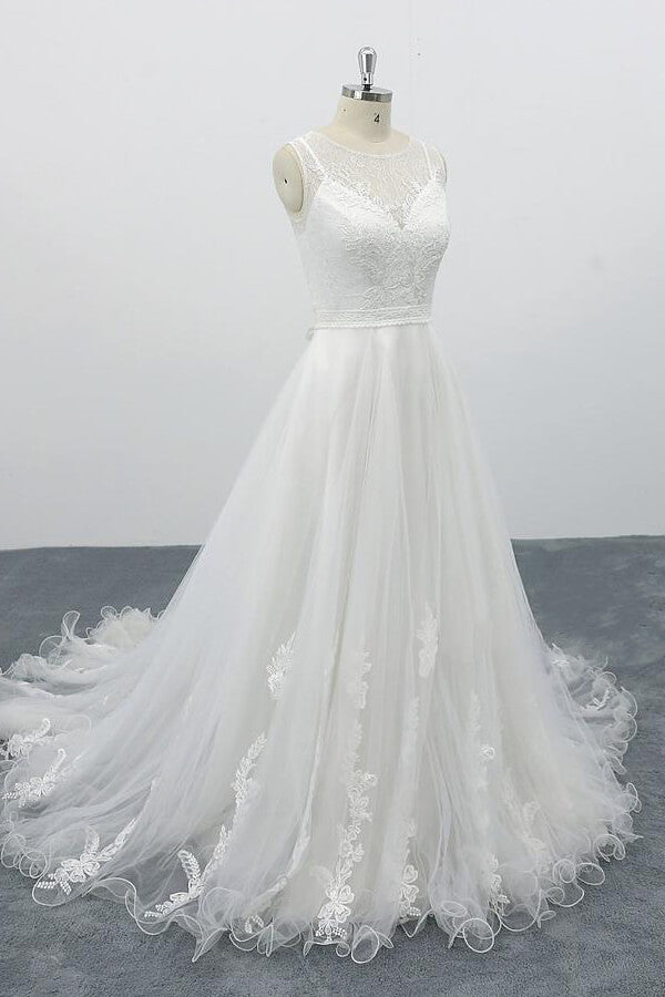 Wedding Dresses Colors, Graceful Long A-line Appliques Tulle Backless Wedding Dress