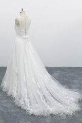 Wedding Dresses Color, Graceful Long A-line Appliques Tulle Backless Wedding Dress