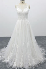 Wedding Dress Colors, Graceful Long A-line Appliques Tulle Backless Wedding Dress