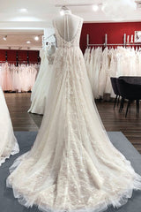 Wedding Dresses Tulle, Graceful Long A-line Tulle V-neck Lace Backless Wedding Dresses