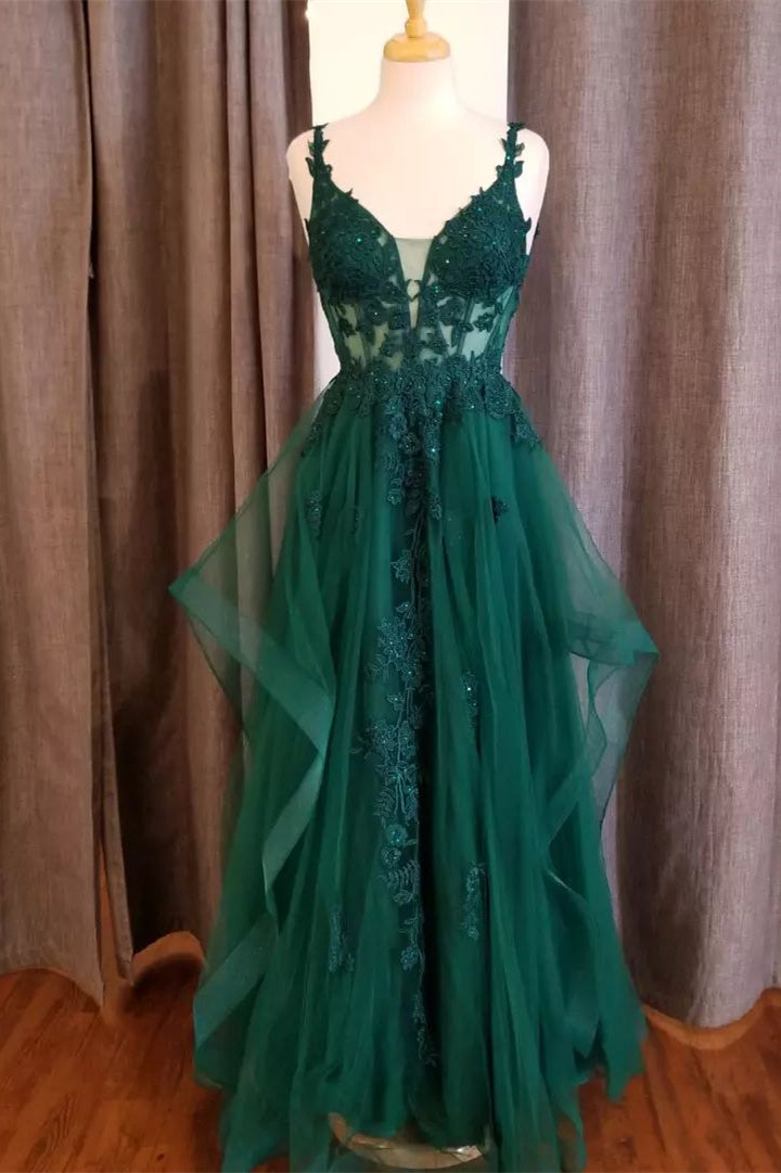 Party Dress White, Hunter Green Flower Straps Deep V Neck Appliques Ruffles Long Prom Dress