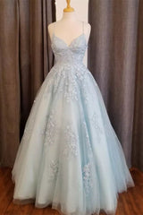 Bridesmaid Dresses Photos Gallery, Light Blue Straps Appliques Tulle A-line Long Prom Dress