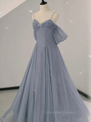 Party Dresses Purple, Gray A line tulle off shoulder prom dress, gray long evening dress