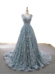 Gray Blue Ball Gown Tulle Appliques V-neck Backless Prom Dress