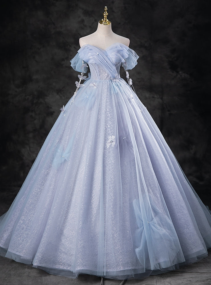 Gray Blue Tulle Sequins Off the Shoulder Quinceanera Dress