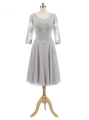 Gray Chiffon Appliques 3/4 Sleeve Knee Length Mother of The Bride Dress