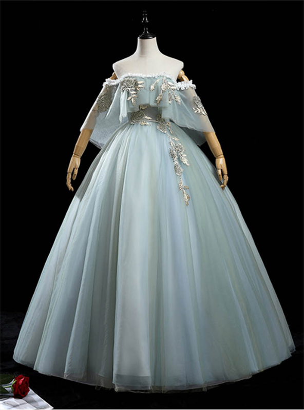 Gray Green Tulle Off the Shoulder Appliques Quinceanera Dress