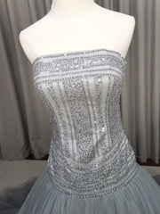 Cute Dress, Gray Tulle Beads Long Prom Dress Gray Tulle Formal Evening Graduation Dresses