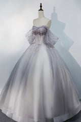 Gray Tulle Floor Length Prom Dress, Off the Shoulder Evening Party Dress