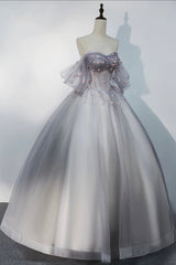 Gray Tulle Floor Length Prom Dress, Off the Shoulder Evening Party Dress