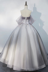 Gray Tulle Floor Length Prom Dress, Off the Shoulder Evening Party Dress