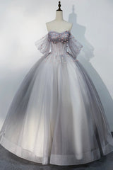 Gray Tulle Floor Length Prom Dress, Off the Shoulder Evening Party Dress