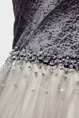 Prom Dress Designer, Gray Tulle Long A-Line Prom Dress, V-Neck Spaghetti Straps Evening Dress