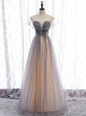 Gray Tulle Scoop Sleeve Beading Sequins Prom Dress