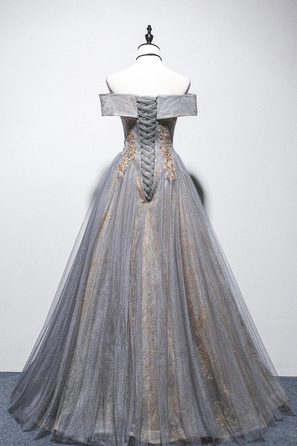 Bride Dress, Gray Tulle Sequins Long Prom Dress, Off Shoulder Evening Dress