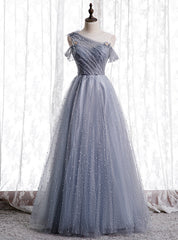 Gray Tulle Sequins Scoop Pearls Formal Prom Dress