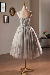 Gray Tulle Sequins Short Prom Dress, A-Line Spaghetti Straps Backless Party Dress