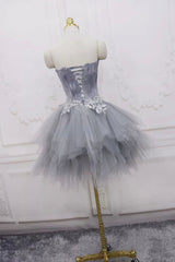 Gray Tulle Short Prom Dress with Feather, Chic A-Line Strapless Party Dress