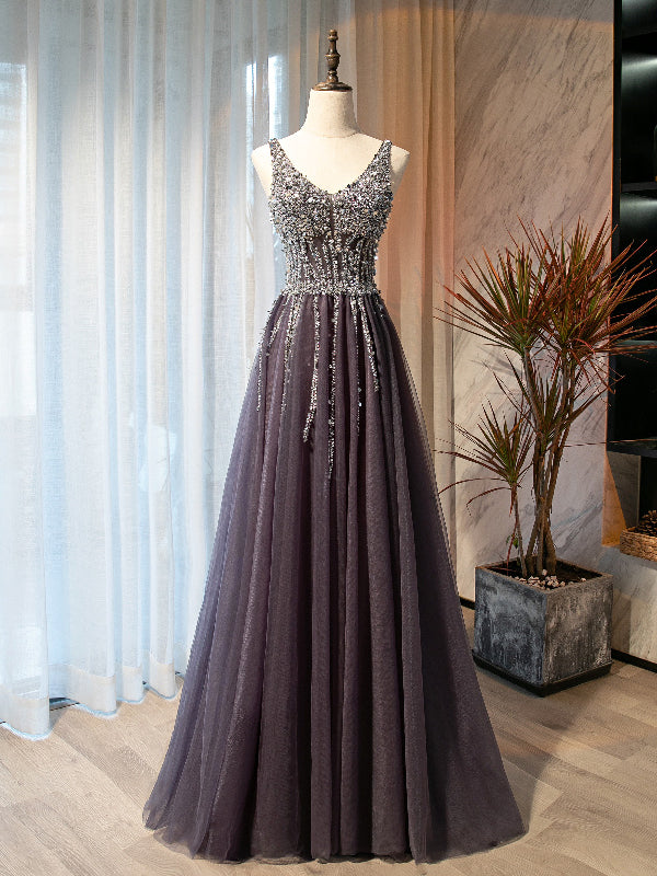 Gray Tulle V-neck Beading Sequins Prom Dress