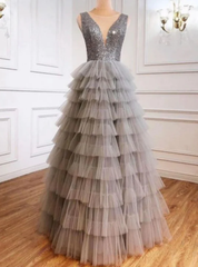 Gray Tulle V-neck Sequins Tiers Prom Dress